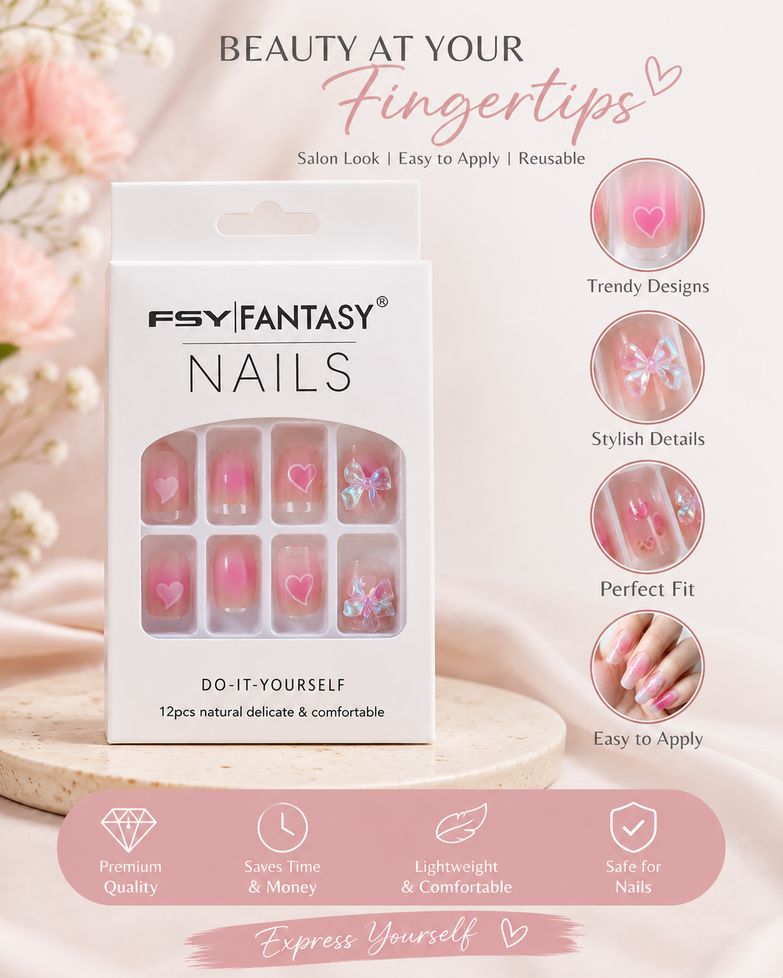 FSY Fantasy 12 Pcs Stylish Press-On Nails – Pink Nail Art Set