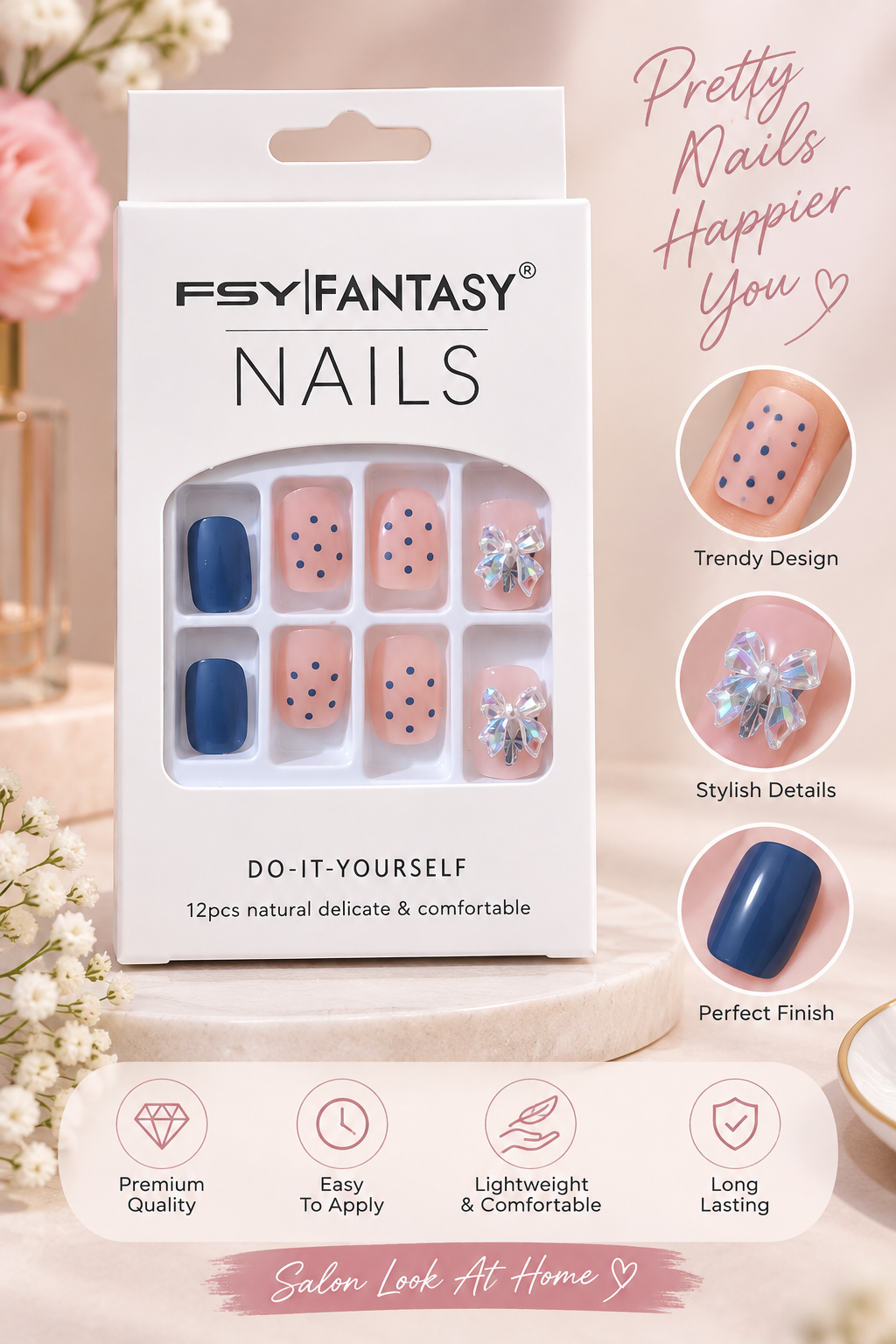 FSY Fantasy 12 Pcs Stylish Press-On Nails – Pink Nail Art Set