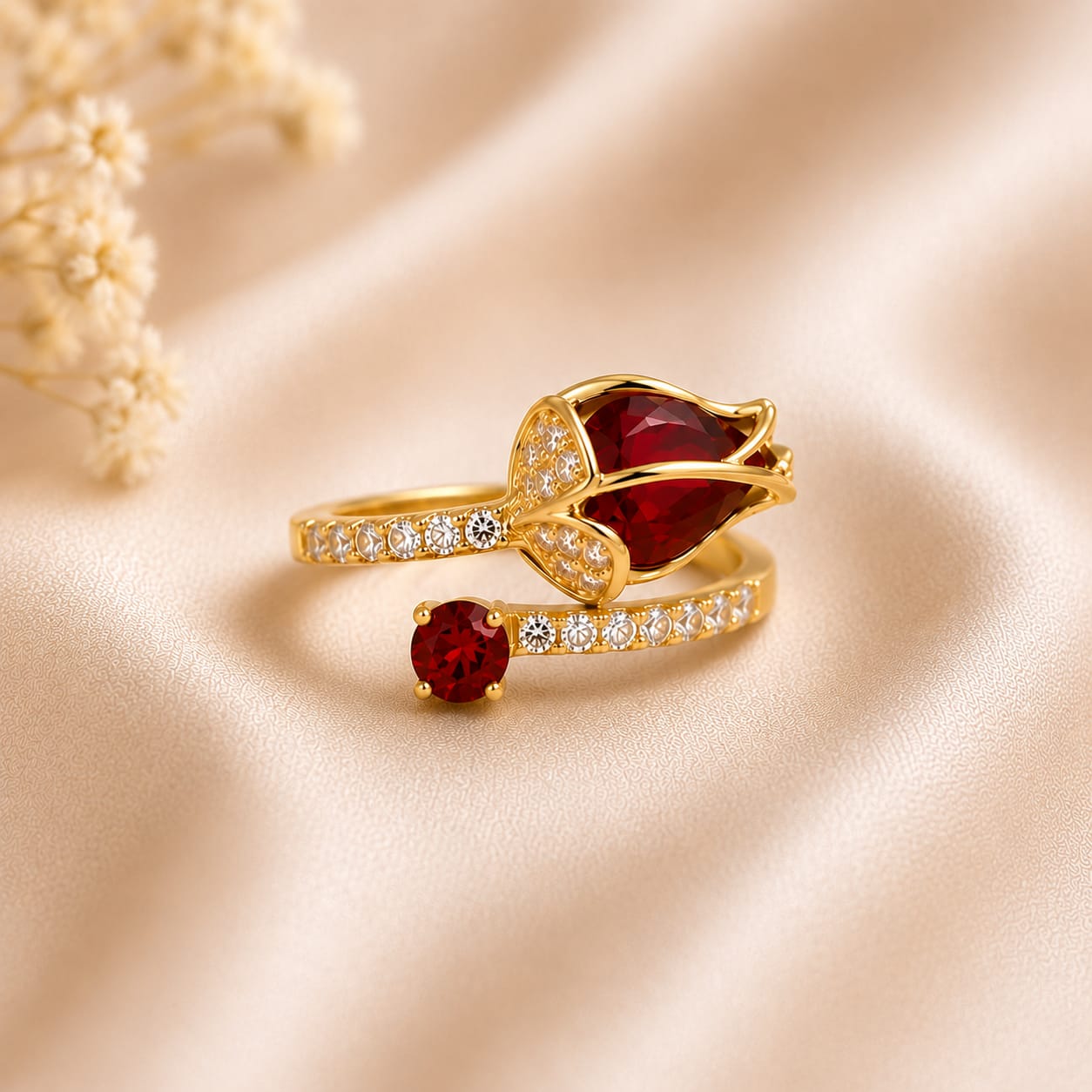 Emerald Tulip Bloom Adjustable Ring(Red)