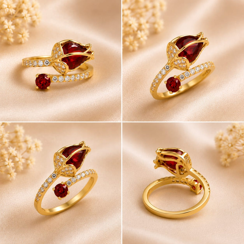 Emerald Tulip Bloom Adjustable Ring(Red)