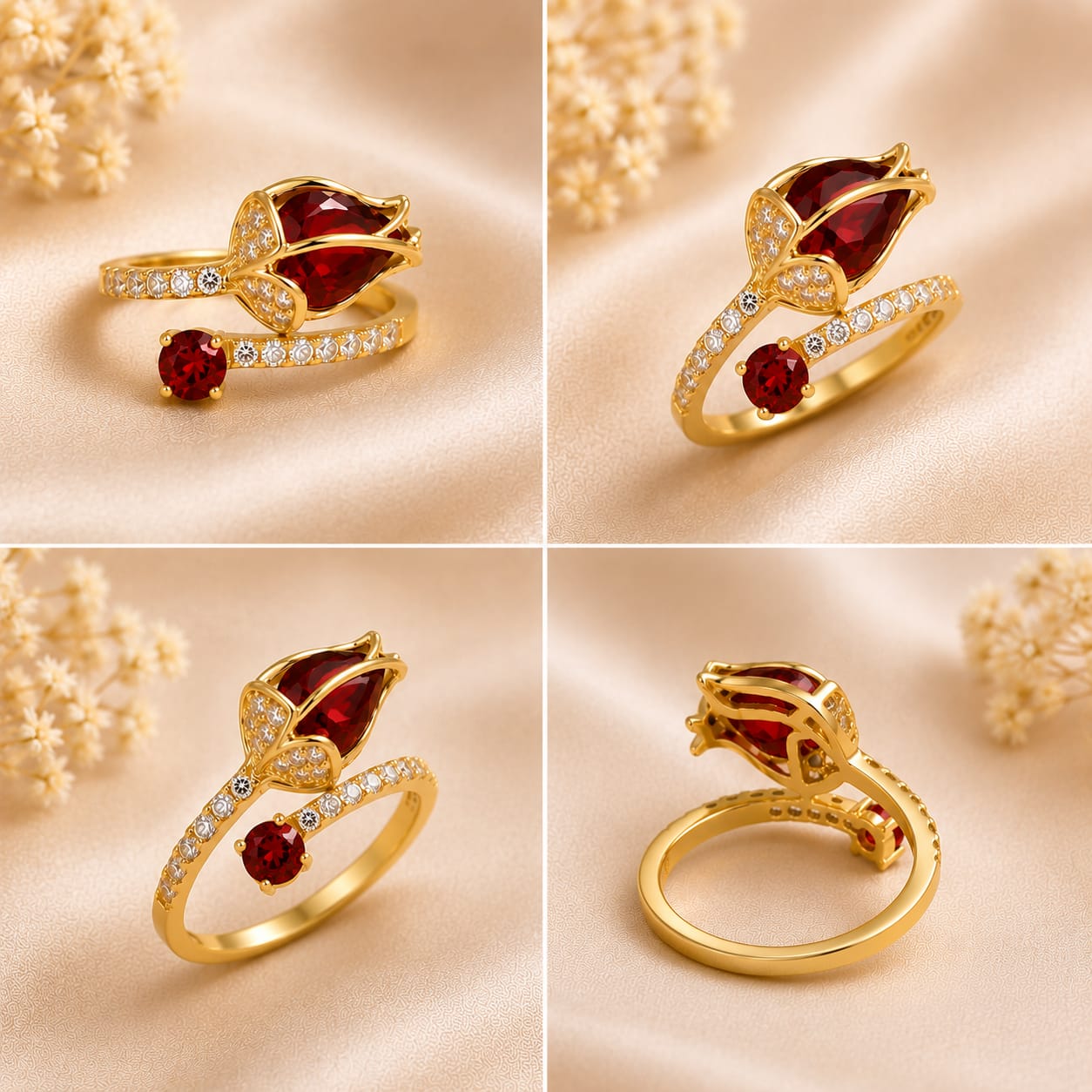 Emerald Tulip Bloom Adjustable Ring(Red)