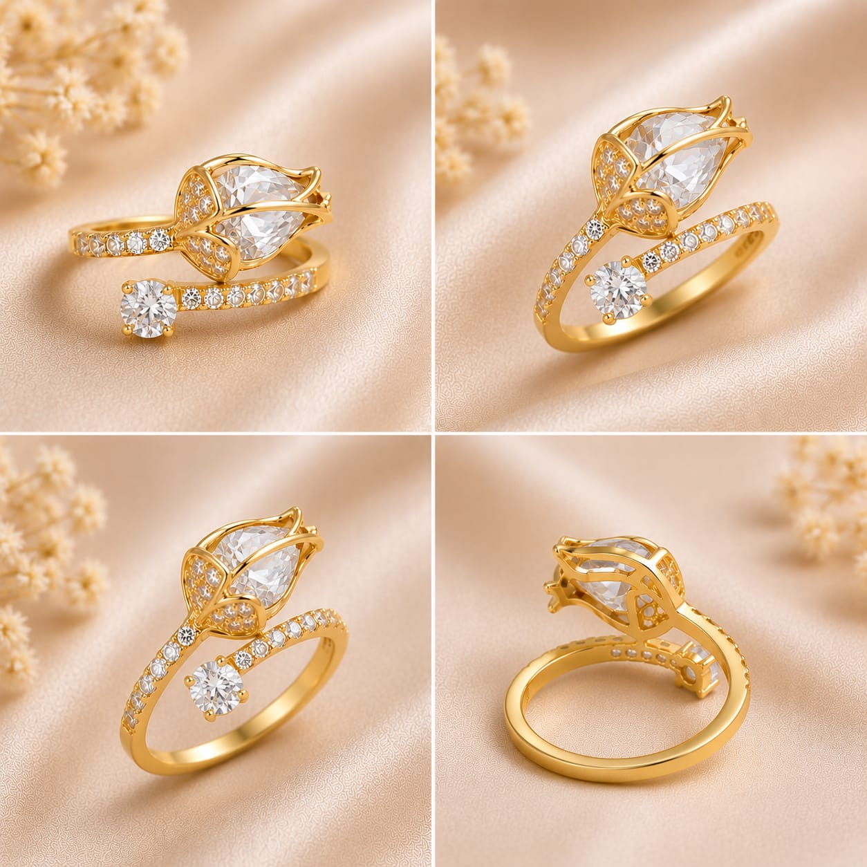 Emerald Tulip Bloom Adjustable Ring(White)