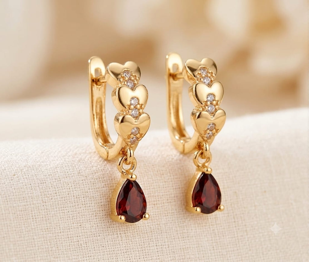 Ruby Red Teardrop Heart Pattern Gold Huggie Earrings